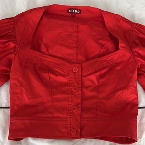 Staud red cropped button up top